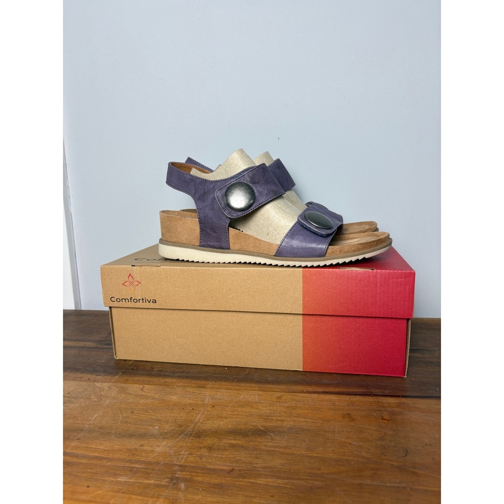New in Box Comfortiva Pamela II Denim Leather Wedge Sandals Womens 11 Wide